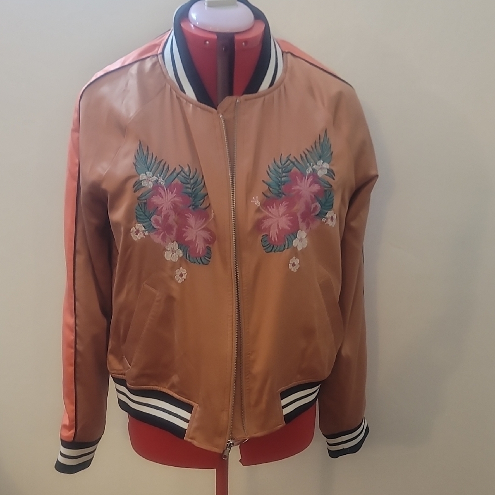 Mossimo Supply Co Tan and Pink Bomber Jacket with Embroidery